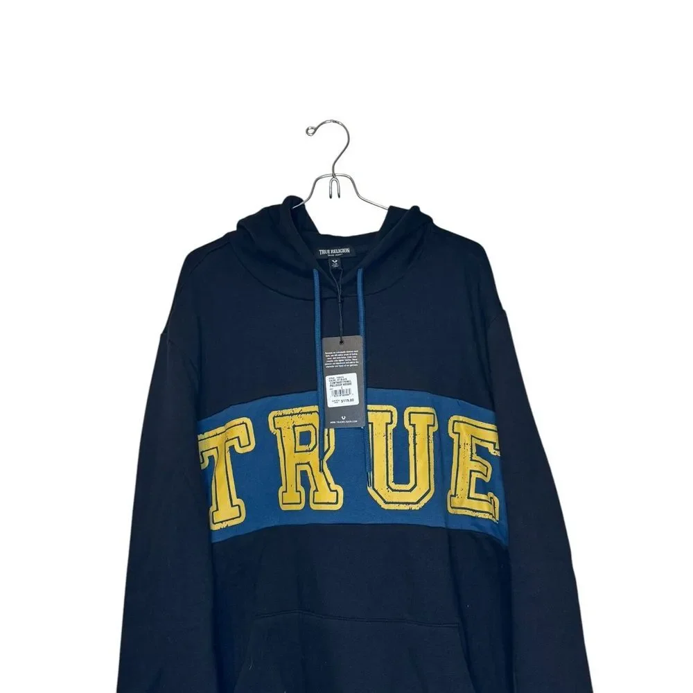 True Religion Men's Sweater Hoodie Contrast Panel Pullover Logo Black Large‎ NWT